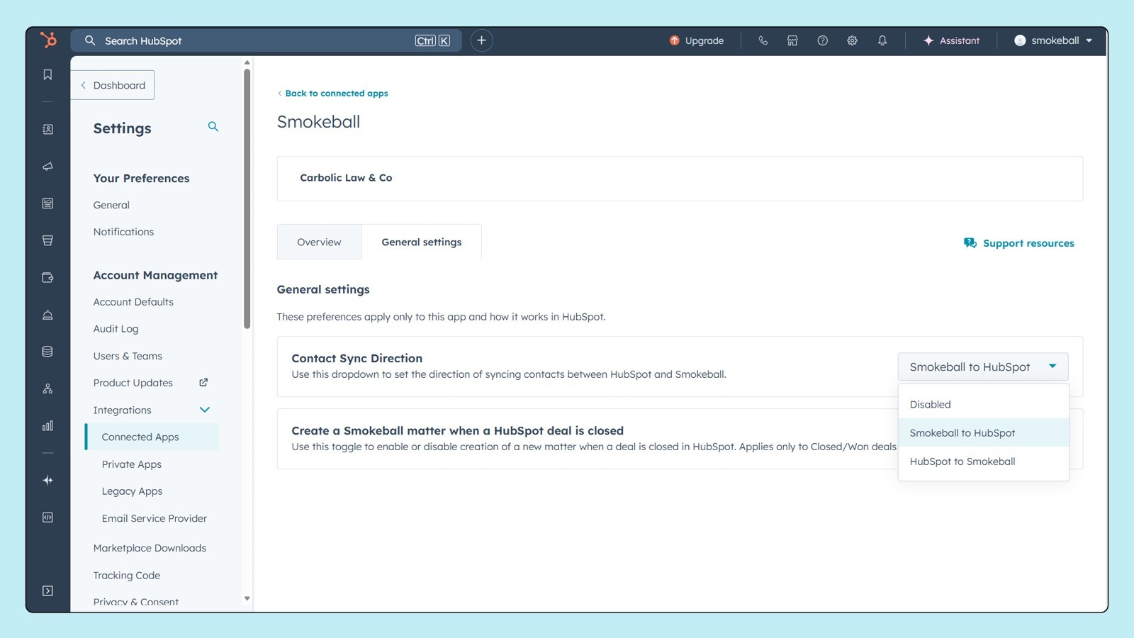 Smokeball HubSpot integration sync settings, with controls for contact sync direction and what to sync.