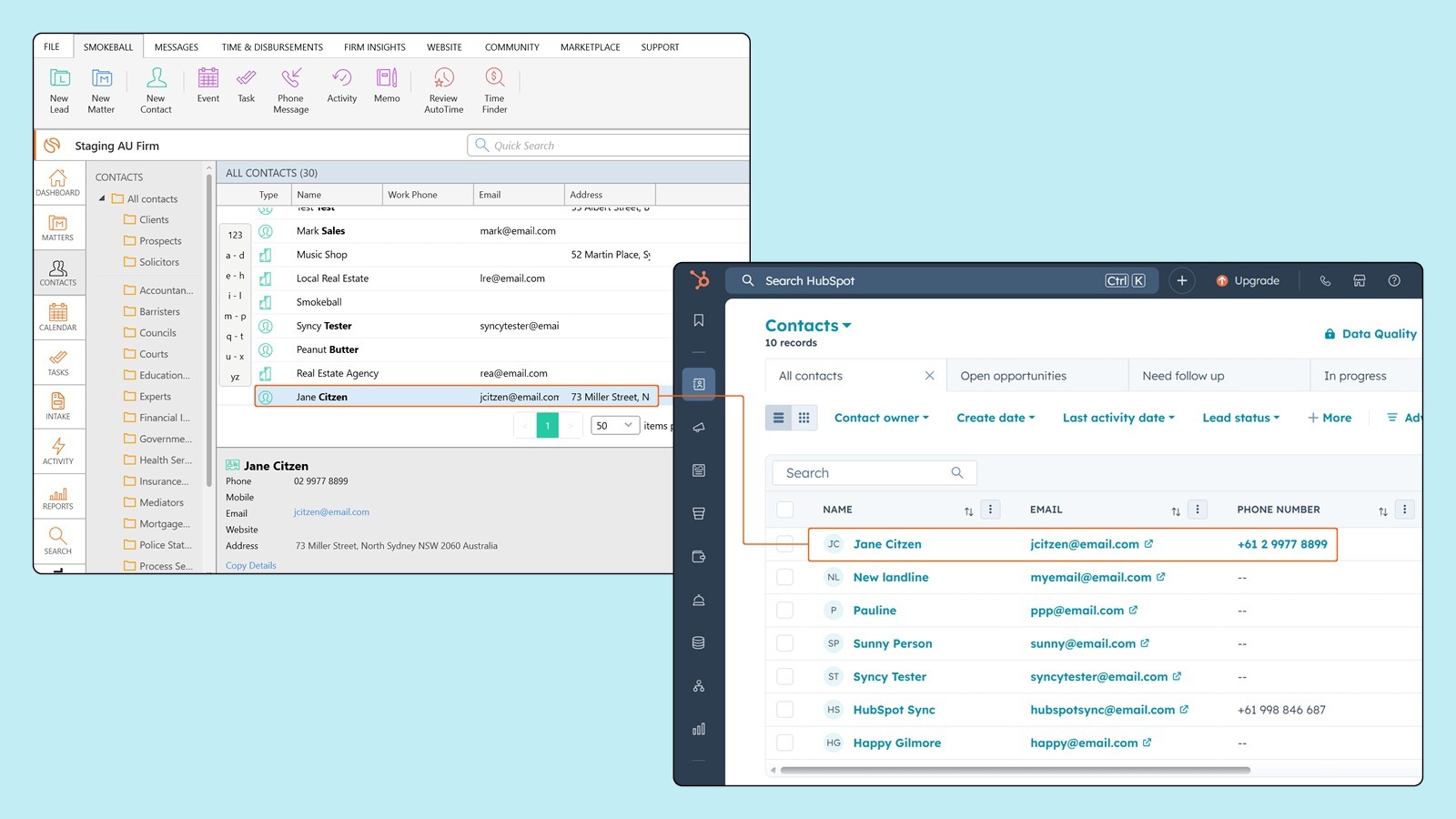 Smokeball’s HubSpot integration keeps contacts in sync and opens new matters when deals close.SS