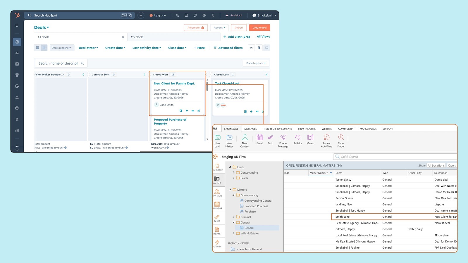 HubSpot deal marked as closed won automatically creating a general matter in Smokeball
